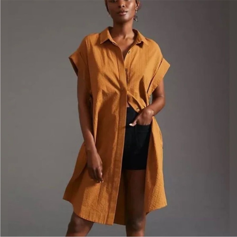 Maeve for Anthropologie Side Slit Tunic Top Dress Brown Cotton Button Front XS